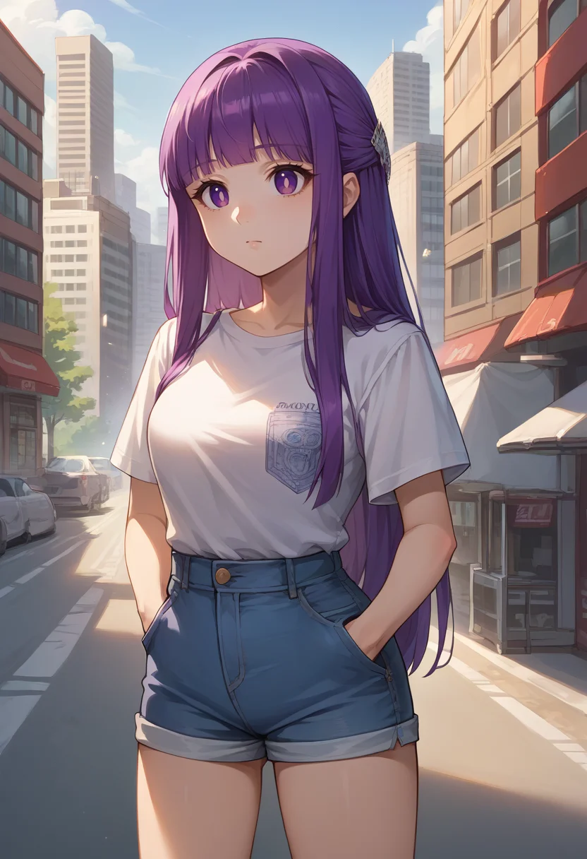 score_9, score_8_up, source_anime, 1girl, solo, FernFrieren, purple eyes, purple hair, long hair, half updo, hair ornament, t-shirt, denim shorts, standing, outdoors, city, hands in pockets, <lora:CHAR-FernPonyXL:1>