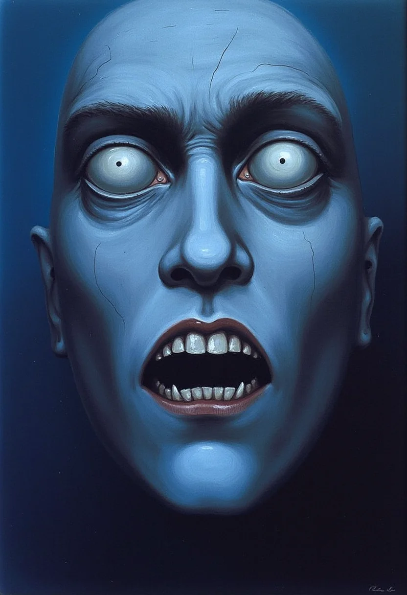 yfg-magritte A close-up of a menacing creature's face, rendered in a dark and eerie style. The creature has a pale complexion, deep-set, cracked eyes, and sharp, menacing teeth. The color palette consists of deep blues, blacks, and grays, creating a somber and foreboding atmosphere. A deep blue background contrasts with the creature's pale skin, making it the focal point of the image.