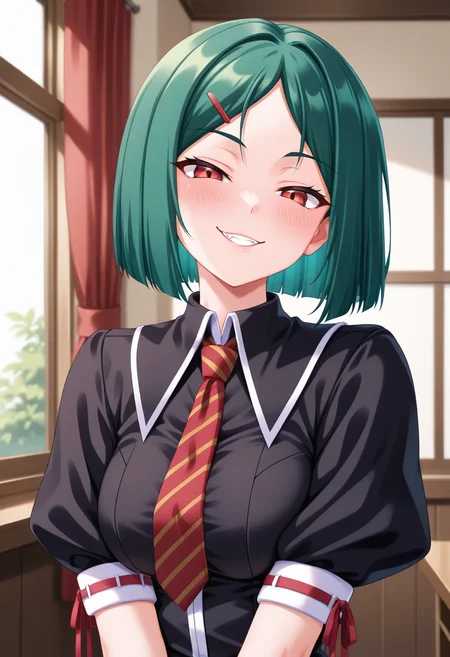masterpiece, best quality, amazing quality, absurdres, 1girl, solo, (portrait:1.2), misaoww, red eyes, green hair, medium hair, bob cut, parted bangs, hairclip, medium breasts, red striped necktie, black school dress, puffy short sleeves, looking at viewer, naughty face, indoors, day, skindentation, detailed clothing folds, depth of field, sharp, high contrast, dynamic light <lora:Kiryuu_Misao_Otome_Chibaku_Yuug_ill:0.8>