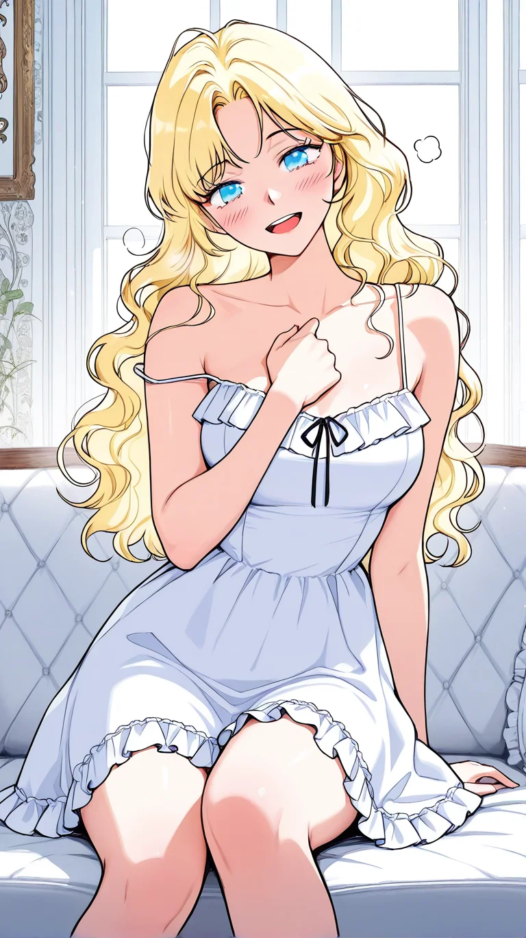 masterpiece,best quality,amazing quality, newest, high res, clean lines, thick lines
1girl, solo, il_lariette, blue eyes, blonde hair, long hair, wavy hair, medium breasts,
indoors, white dress, sundress, bare shoulders, short dress, frilled dress, blush, smile, looking at viewer,  sitting, leaning to the side, head tilt, upper teeth only, strap slip, hand on own chest, steaming body,