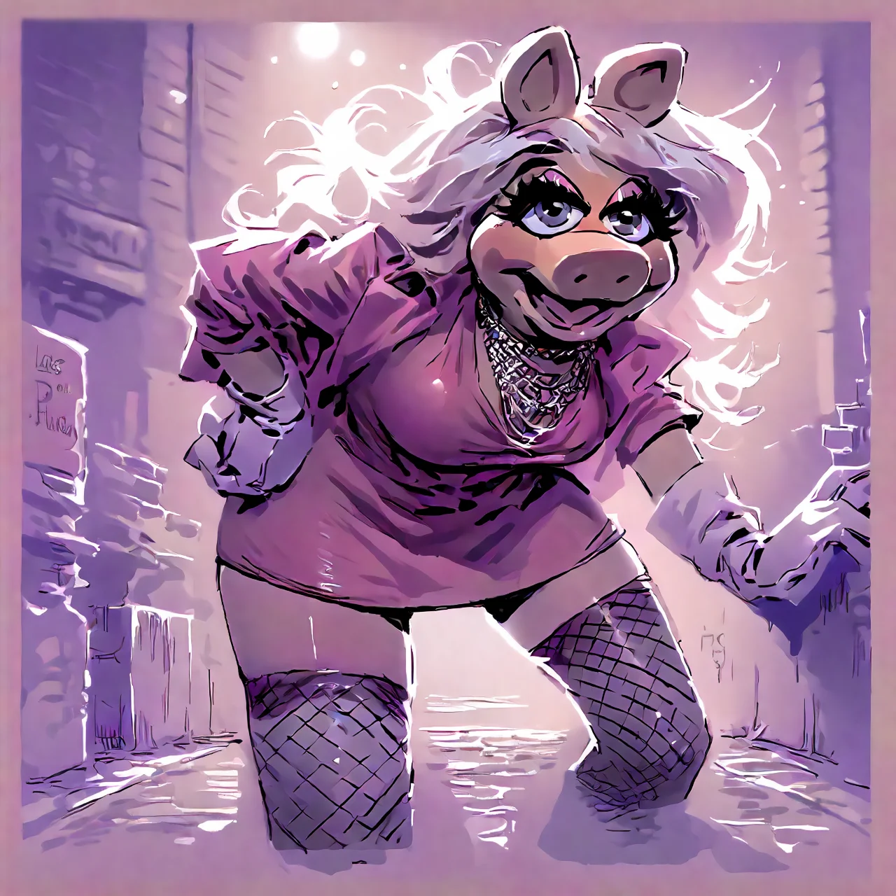 street hooker at night prostitute prostitution <lora:hooker_pony_v1:1.2> <lora:Miss_Piggy_Pony:1> uncensored, gloves, miss piggy, score_9, score_8_up, rating_questionable,questionable