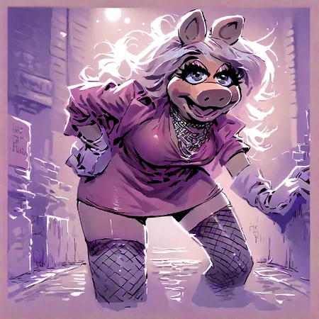 street hooker at night  prostitute prostitution <lora:hooker_pony_v1:1.2>   <lora:Miss_Piggy_Pony:1> uncensored, gloves, miss piggy, score_9, score_8_up, rating_questionable,questionable