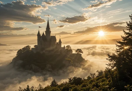asterpiece, best quality, ultra-detailed, depth of field, intricate details, highres,
sunrise, mist, fog, clouds, castle on a floating island in the sky
