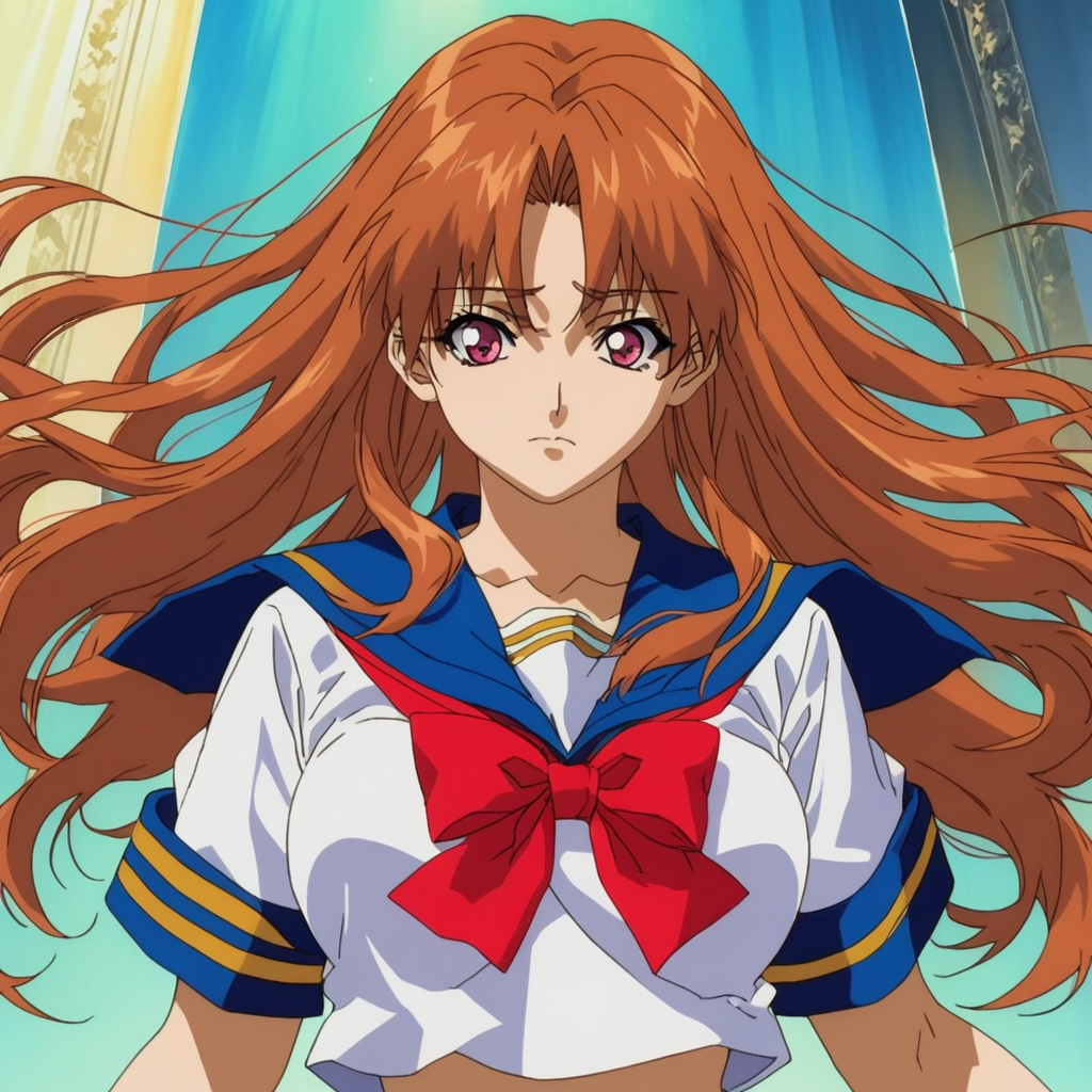 retro_artstyle, 4ng3lBl4de_styl3, 2000s_(style),  ((score_9)),score_8_up,score_7_up,score_6_up,score_5_up,score_4_up, 1woman, Artist Style: Urushihara Satoshi, masterpiece, highres, high quality, BREAK, tenmyoin_seiryu, tenmyoin seiryu, 1woman, Female, 18 years old, Pink eyes, (Brown hair, Orange hair), long hair, hair_between_eyes, eyebrows_hidden_by_hair, sidelocks, (white serafuku, blue skirt, yellow trim, red bow)