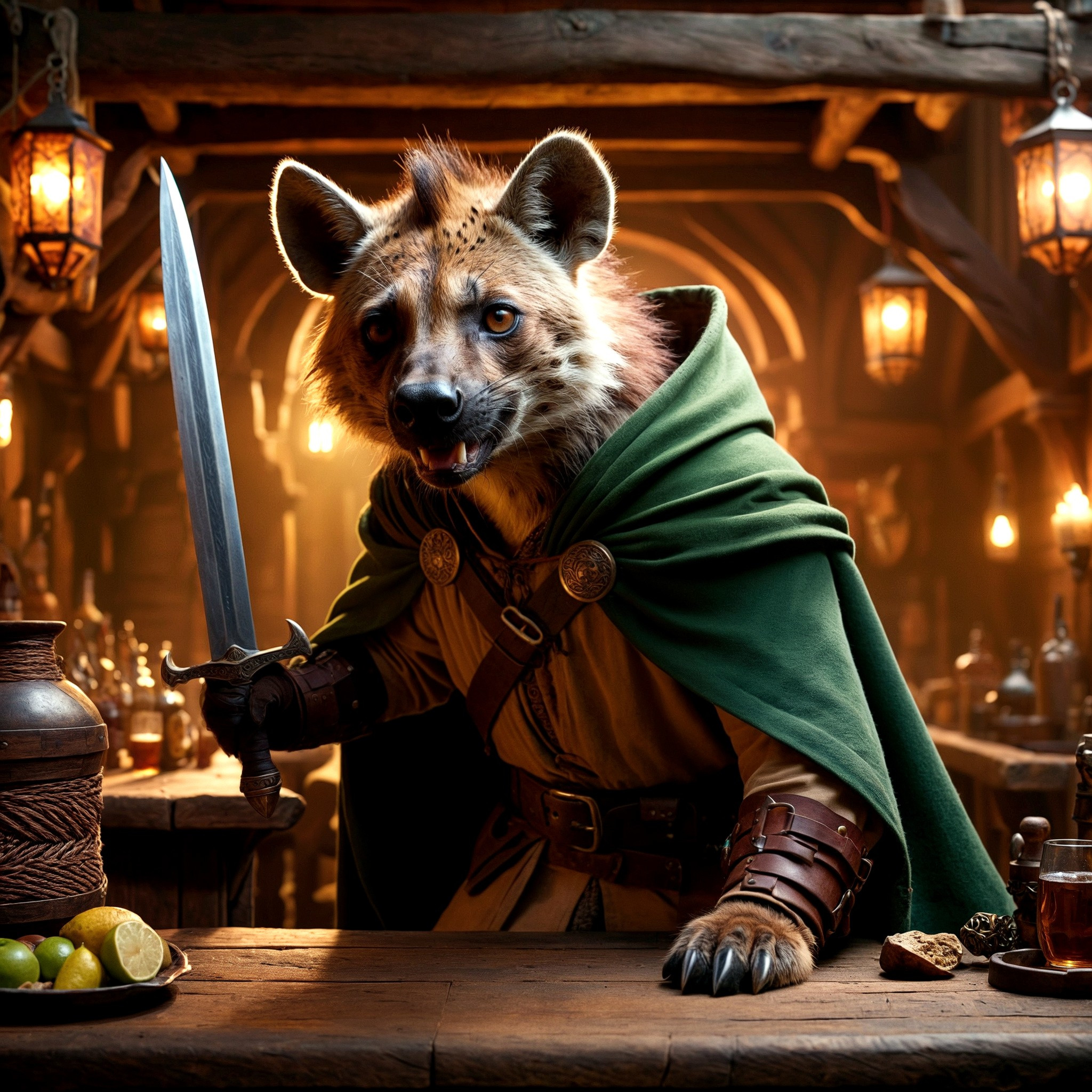 wide cinematic photo Documentary Photograph  1 man. The mixing race ratio between the hyena and the human is 8:2, and he is dressed as a small outfitter, traveler. He also has one eye and holds a big rusty dagger, attacking the camera. Wearing a light hood and cape, Dungeons & Dragons' Gnoll Race Break, The background is a lively tavern near the port. Break, full shot, cinematic lighting, dramtic Scene,High quality 3D rendering, fantasy., cinematic, colorful background, concept art, 8k, dramatic lighting, high detail, highly detailed, hyper realistic, intricate, intricate sharp details, octane render, smooth, studio lighting, trending on artstation., cinematic  photorealistic, 8k uhd natural lighting, raw, rich, intricate details, key visual, atmospheric lighting, 35mm photograph, film, bokeh, professional, 4k, highly detailed . 35mm photograph, film, bokeh, professional, 4k, highly detailed