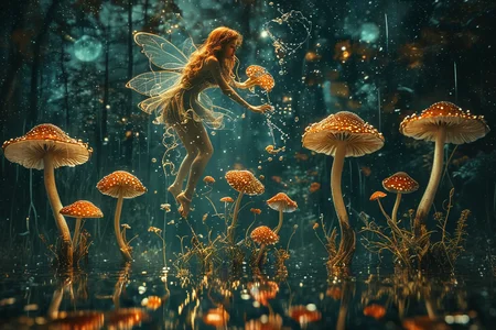 Close up photo of a ((earth fairy)) gliding over mushroom, reflections in the water, night scene. In the style of double exposure, Art Nouveau, long exposure, layered lines, chiaroscuro, absurdres, Long_Exposure ral-exposure, <lora:ral-exposure-sdxl:0.700000>