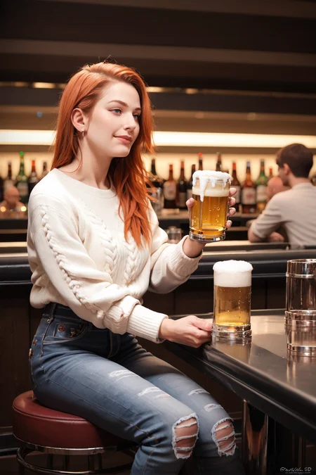 zPDXL, zPDXLpg, zPDXLrl, ginger woman with red hair in luxurious nightclub, sitting at the bar holding a beer, wearing a sweater and jeans