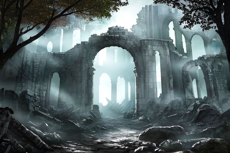 (masterpiece:1.2), (best quality,:1.2), 8k, HDR, ultra detailed, ((photorealistic)), professional light, cinematic lighting, fashion photography, ambient lighting,<lora:detail_slider_v4:3>, sinister ruins in a dark forest, FanRu <lora:FantasyRuins-10:0.7>, epiCPhoto
