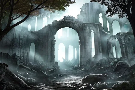 (masterpiece:1.2), (best quality,:1.2), 8k, HDR, ultra detailed, ((photorealistic)), professional light, cinematic lighting, fashion photography, ambient lighting,<lora:detail_slider_v4:3>, sinister ruins in a dark forest, FanRu <lora:FantasyRuins-10:0.7>, epiCPhoto