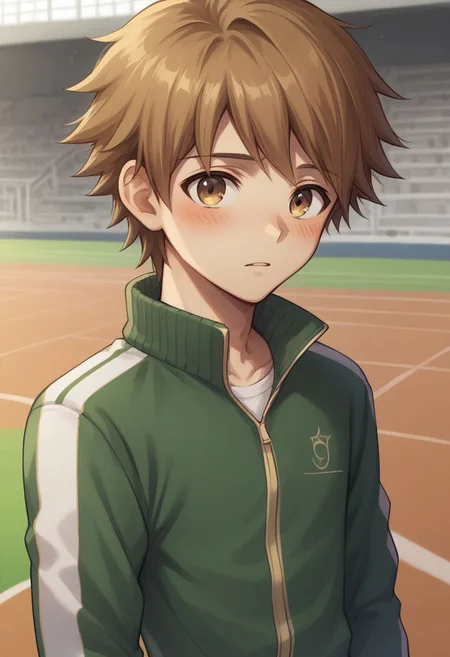 score_9, score_8_up, source_anime, highly detailed, 1boy, solo,
chihiro, skirt, 1boy, solo, male focus, brown hair, brown eyes,
blush, track jacket, track suit, upper body,
indoor, hall,