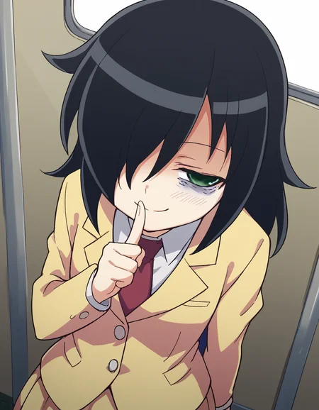 score_9, score_8_up, score_7_up, source_anime, <lora:tomoko-kuroki-s1-ponyxl-lora-nochekaiser:1>, tomoko kuroki, long hair, black hair, green eyes, hair over one eye, bags under eyes,, skirt, school uniform, necktie, blazer,, train station, trains, platform, passengers, travel, smile, <lora:shushing-ponyxl-lora-nochekaiser:1>, shushing, finger to mouth, index finger raised, from above, library, smile, blush, one eye closed, dutch angle,, looking at viewer, solo,, dutch angle, cowboy shot
