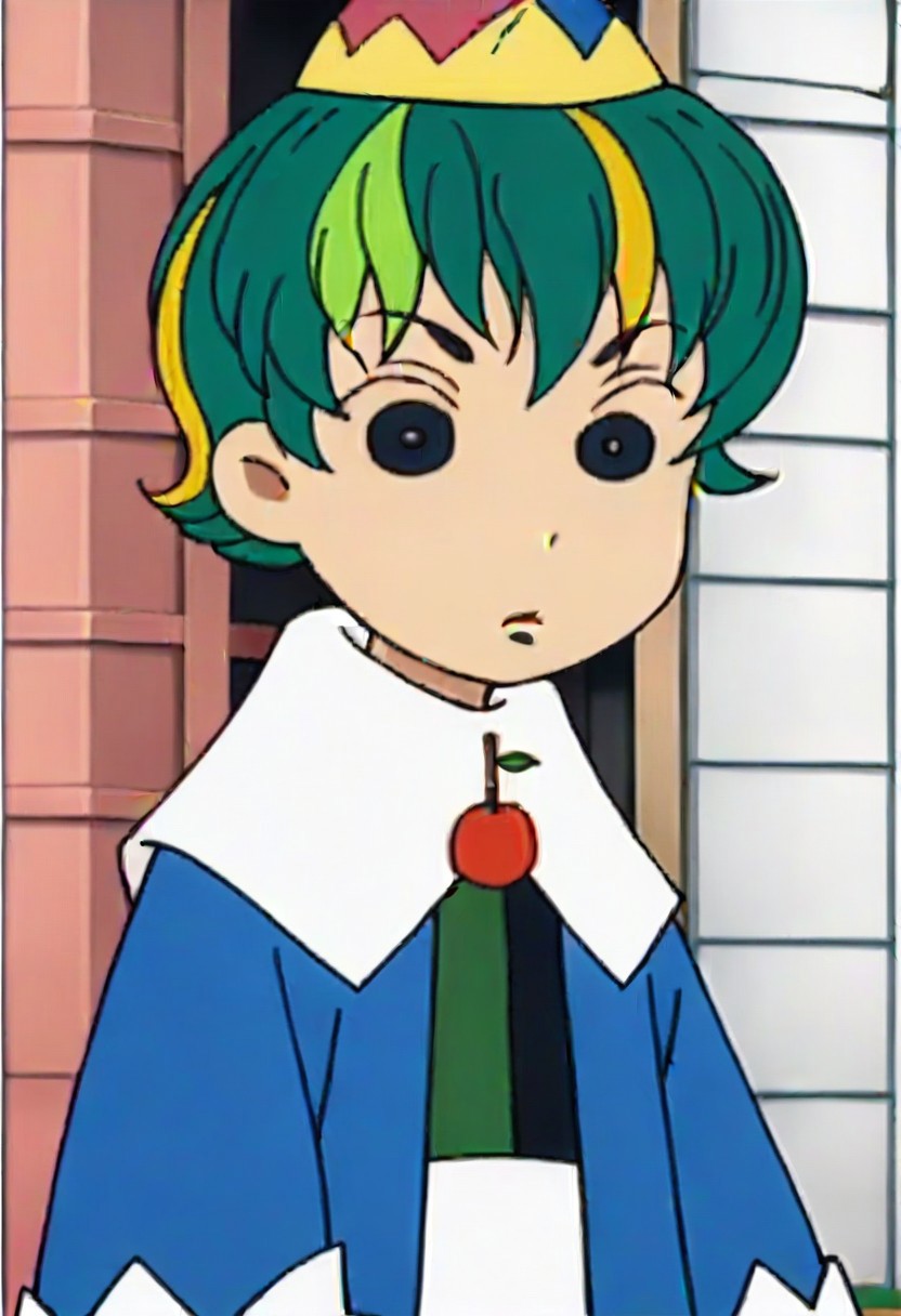 hat, green hair, multicolored hair, long sleeves, short hair, cherry, fruit, 1girl, blonde hair, black eyes,,,,,,,,,,, ,,,,,anime coloring,anime screencap, 1girl,Solo ,, anime,,,,official art, Uncensored ,Unedited ,,,,, ,,,,,,