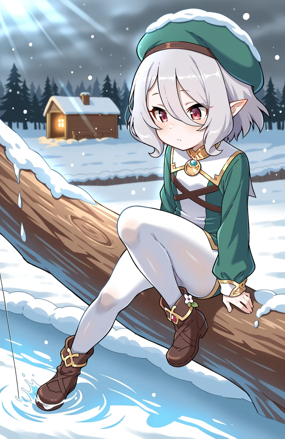 1girl, solo, <lora:Daikin:1> dkn,
kokkoro \(princess connect!\), grey hair, red eyes, short hair, pointy ears, flat chest, petite, mod outfit, mini dress, long sleeves, white pantyhose, ankle boots, beret, (medium shot), fishing through ice, detailed face, located in a winter scene at a snow-covered log cabin during night with overcast weather, illuminated by bright sunlight, creating a wondrous,magical atmosphere, extremely detailed, highres, masterpiece, best quality