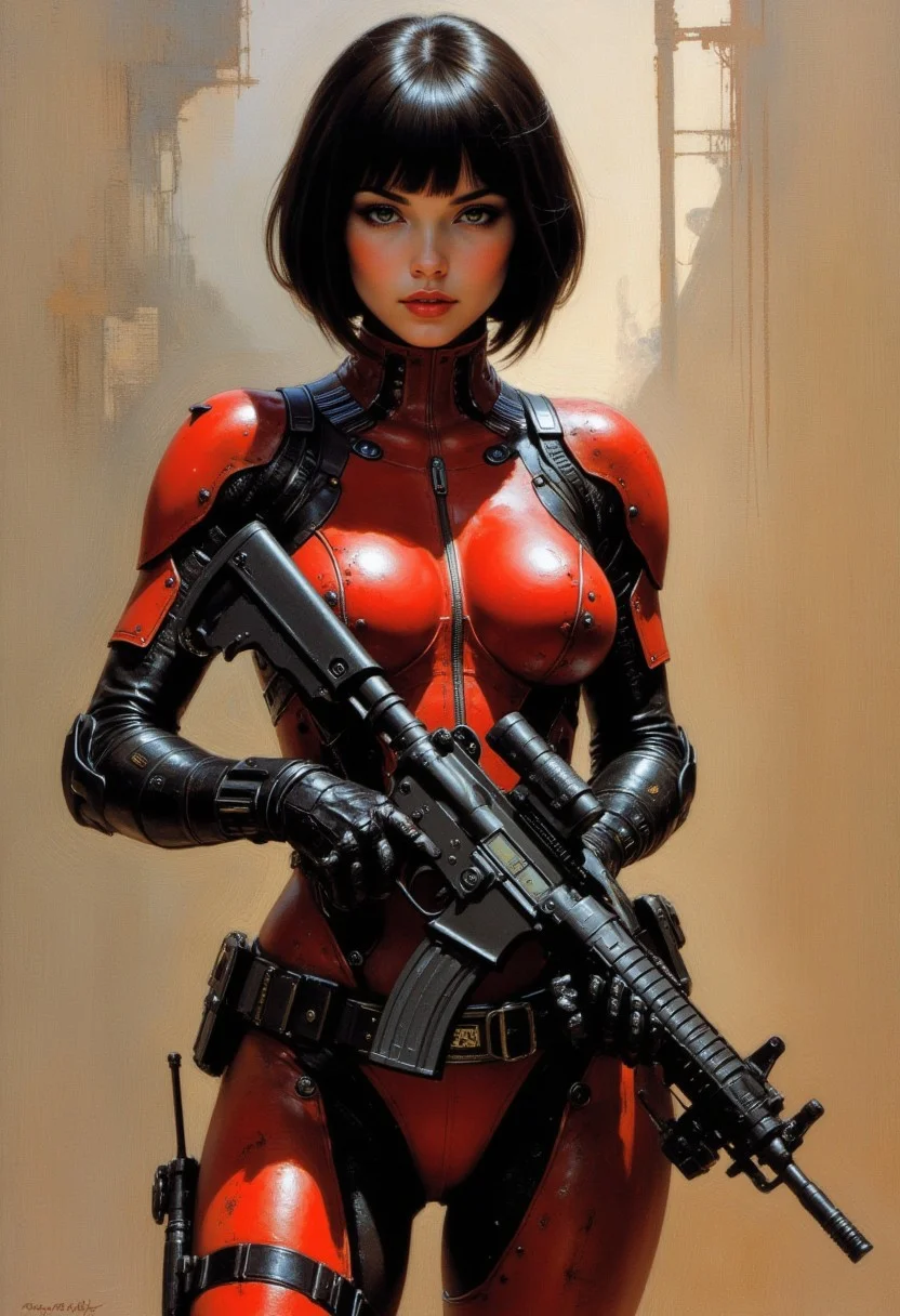 Frank Frazetta fantasy oil painting, japanese female sci-fi police officer with cybernetic implants, bob cut hair, detailed red and black bodysuit, holding assault rifle with both hands, directioinal lighting