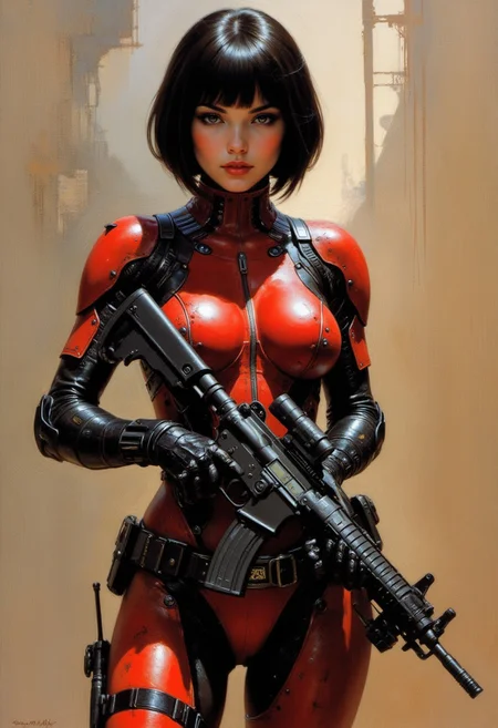 Frank Frazetta fantasy oil painting, japanese female sci-fi police officer with cybernetic implants, bob cut hair, detailed red and black bodysuit, holding assault rifle with both hands, directioinal lighting