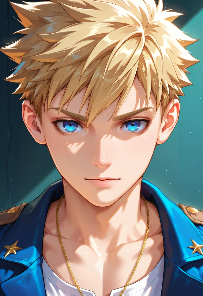masterpiece, best quality, intricate details, (realistic:0.6), , , 1boy, solo, male focus, <lora:connor_bleufin_ilxl:0.92>, connor_bleufin, blonde hair, blue eyes, short hair, spiked hair, , necklace, ,