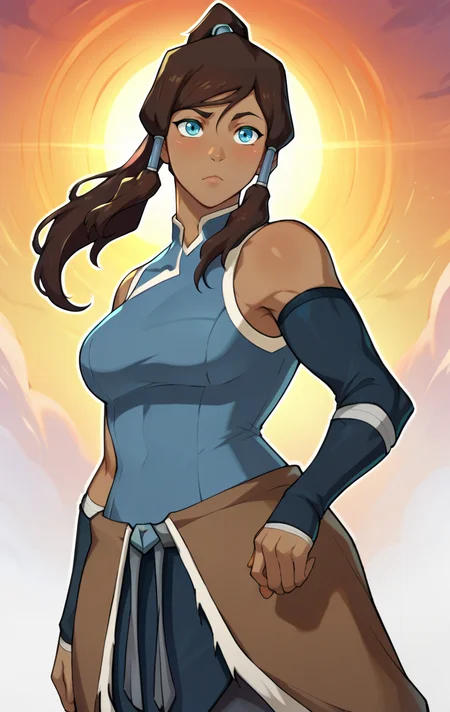 score_9, score_8_up, score_7_up, score_9, BREAK <lora:korraSDXL:1> korraSDXL, 1girl, solo, long hair, blue eyes, brown hair, bare shoulders, medium breasts, standing, ponytail, sleeveless, dark skin, dark-skinned female, hair tubes, vambraces, topknot