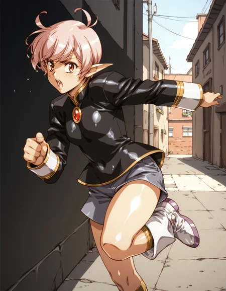 score_9, score_8_up, score_7_up <lora:tippi-ponyxl-000025:1> tippi, juliet sleeves, black shirt, shorts, boot,
1girl, kicking, alley