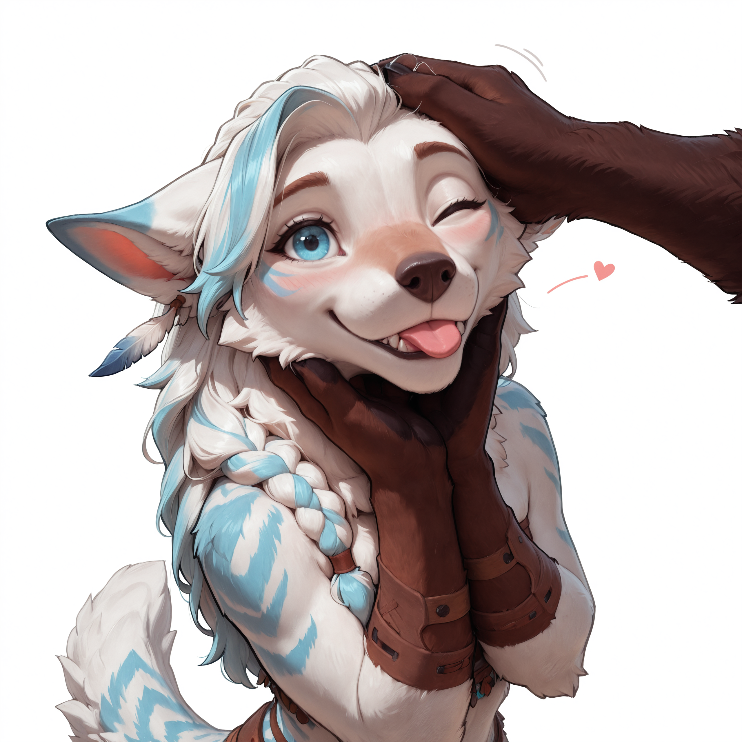 masterpiece, best quality, good quality, very ava, amazing quality, very aesthetic, high resolution, ultra-detailed, 4k, highres, absurd res, volumetric lighting, 5n0w5k4u, Zaush, photorealistic details, mature,

1girl, anthro, furry, fluffy, wolf, (white fur), fur tuft, mane, light blue stripes, large ears, long hair, long braid, blue eyes, happy, blush, blep, (wink), (head tilt), light blue highlights, feathers in hair, hands under chin, headpat, high angle view, looking at viewer, tribal, white background,