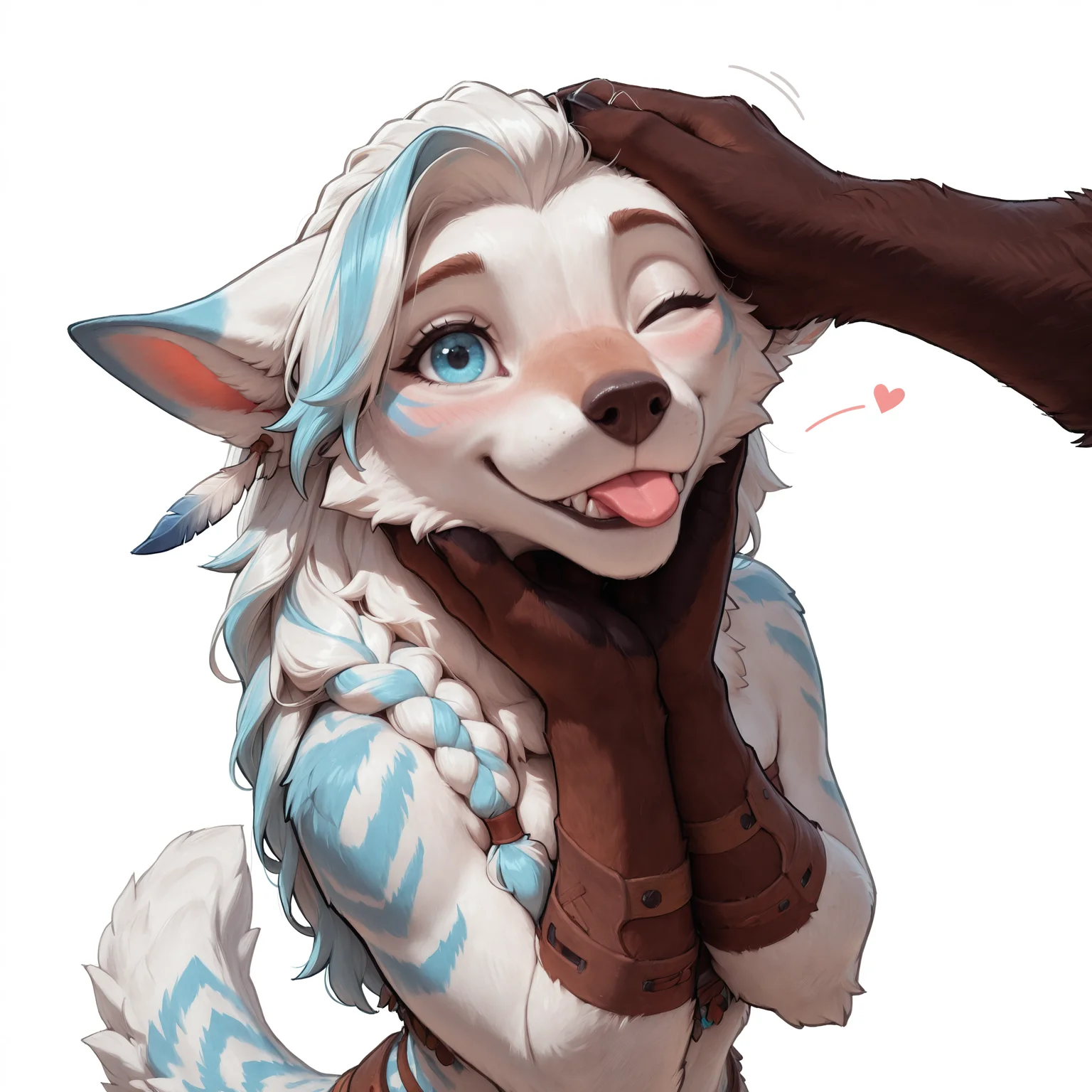 masterpiece, best quality, good quality, very ava, amazing quality, very aesthetic, high resolution, ultra-detailed, 4k, highres, absurd res, volumetric lighting, 5n0w5k4u, Zaush, photorealistic details, mature,
1girl, anthro, furry, fluffy, wolf, (white fur), fur tuft, mane, light blue stripes, large ears, long hair, long braid, blue eyes, happy, blush, blep, (wink), (head tilt), light blue highlights, feathers in hair, hands under chin, headpat, high angle view, looking at viewer, tribal, white background,