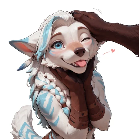 masterpiece, best quality, good quality, very ava, amazing quality, very aesthetic, high resolution, ultra-detailed, 4k, highres, absurd res, volumetric lighting, 5n0w5k4u, Zaush, photorealistic details, mature,
1girl, anthro, furry, fluffy, wolf, (white fur), fur tuft, mane, light blue stripes, large ears, long hair, long braid, blue eyes, happy, blush, blep, (wink), (head tilt), light blue highlights, feathers in hair, hands under chin, headpat, high angle view, looking at viewer, tribal, white background,