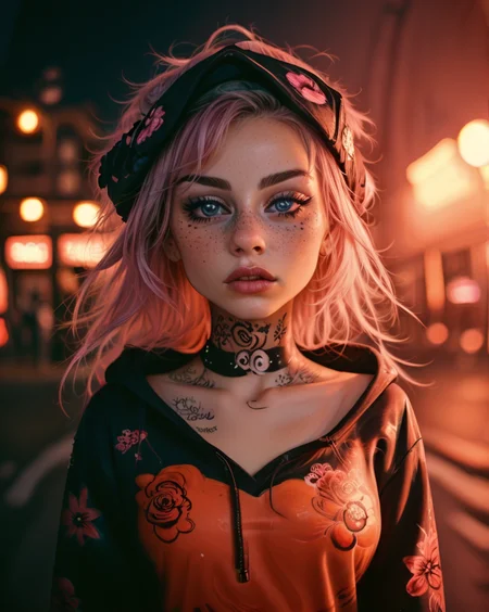 1girl, black legwear, bodypaint, burning, collar, freckles, hat flower, hood down, long hair, looking at viewer, makeup, moon, pink hair, solo, street_art_portrait, tattoo
<lora:Street_Art_Portrait:0.9> (street_art_portrait:1.5)
<lora:LCM_LoRA_Weights_SD15:1>
