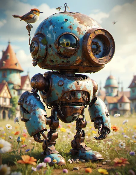 hyper detailed, 4k, masterpiece, concept art, whimsical steampunk style, small and quirky robot with large round eyes, standing in a field with a small bird on its head, rusted and weathered metal components, intricate details on the robot's body, background of a whimsical village with peculiar buildings, soft and natural lighting, playful and endearing atmosphere, rich textures and vibrant colors, emphasizing the robot's charm and the fantastical setting