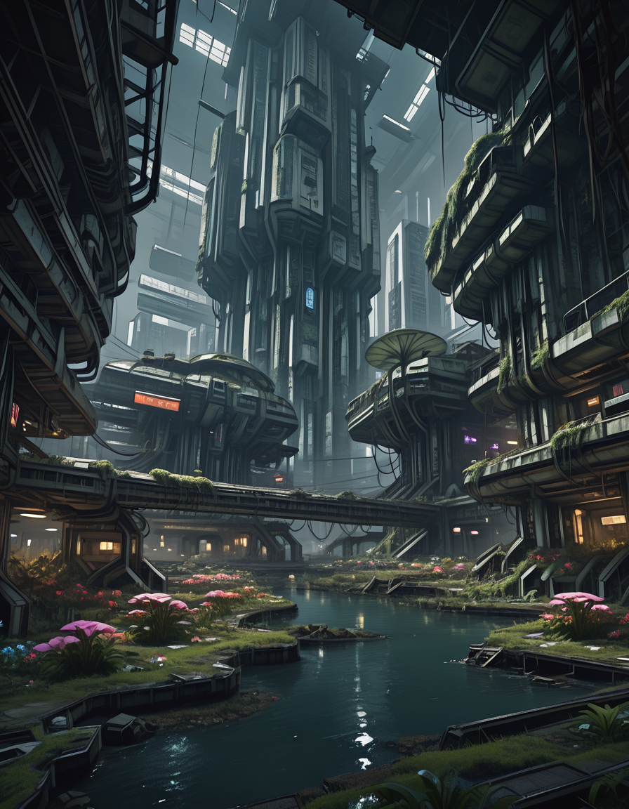 <lora:SWL_Underground1illb:1> swlu1, cyberpunk, underground, futuristic, abandoned, image9, pphoto of futuristic sci-fi city overgrown by nature, circular megastructures, low camera angle, flooded streets, hanging vegetation, lush flora, vibrant flowers, reclaimed ruins, neon remnants, cinematic lighting, misty atmosphere, abandoned ecopolis, volumetric light, post-apocalyptic serenity, photorealistic,