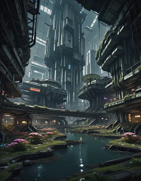 <lora:SWL_Underground1illb:1> swlu1, cyberpunk, underground, futuristic, abandoned, image9, pphoto of futuristic sci-fi city overgrown by nature, circular megastructures, low camera angle, flooded streets, hanging vegetation, lush flora, vibrant flowers, reclaimed ruins, neon remnants, cinematic lighting, misty atmosphere, abandoned ecopolis, volumetric light, post-apocalyptic serenity, photorealistic,