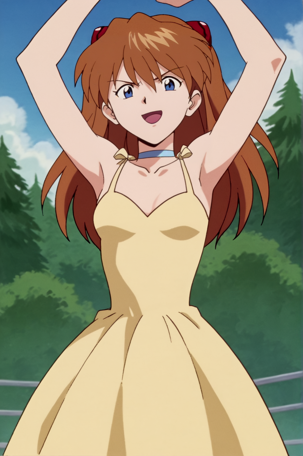 score_9, score_8_up, score_7_up,anime_source, source_anime, best background, detailed background, anime screencap,  Asuka Soryu Langley, Meet Dress, solo, naughty face, horny, dynamic camera, outdoors, dynamic angle, dynamic camera, dancing, arms up <lora:JN_Asuka_Soryu_Langley:0.8>
