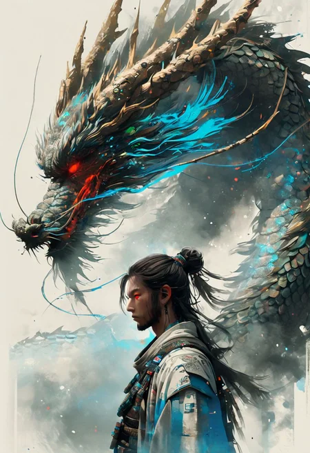 minimalism style, WLOP art style, a character worrior, Dragon Subduing 18 Palms, facial muscles,  eye light,  cinematic foootage,  fantasy, intricate details,8k post production,dark red gold tone blue white green