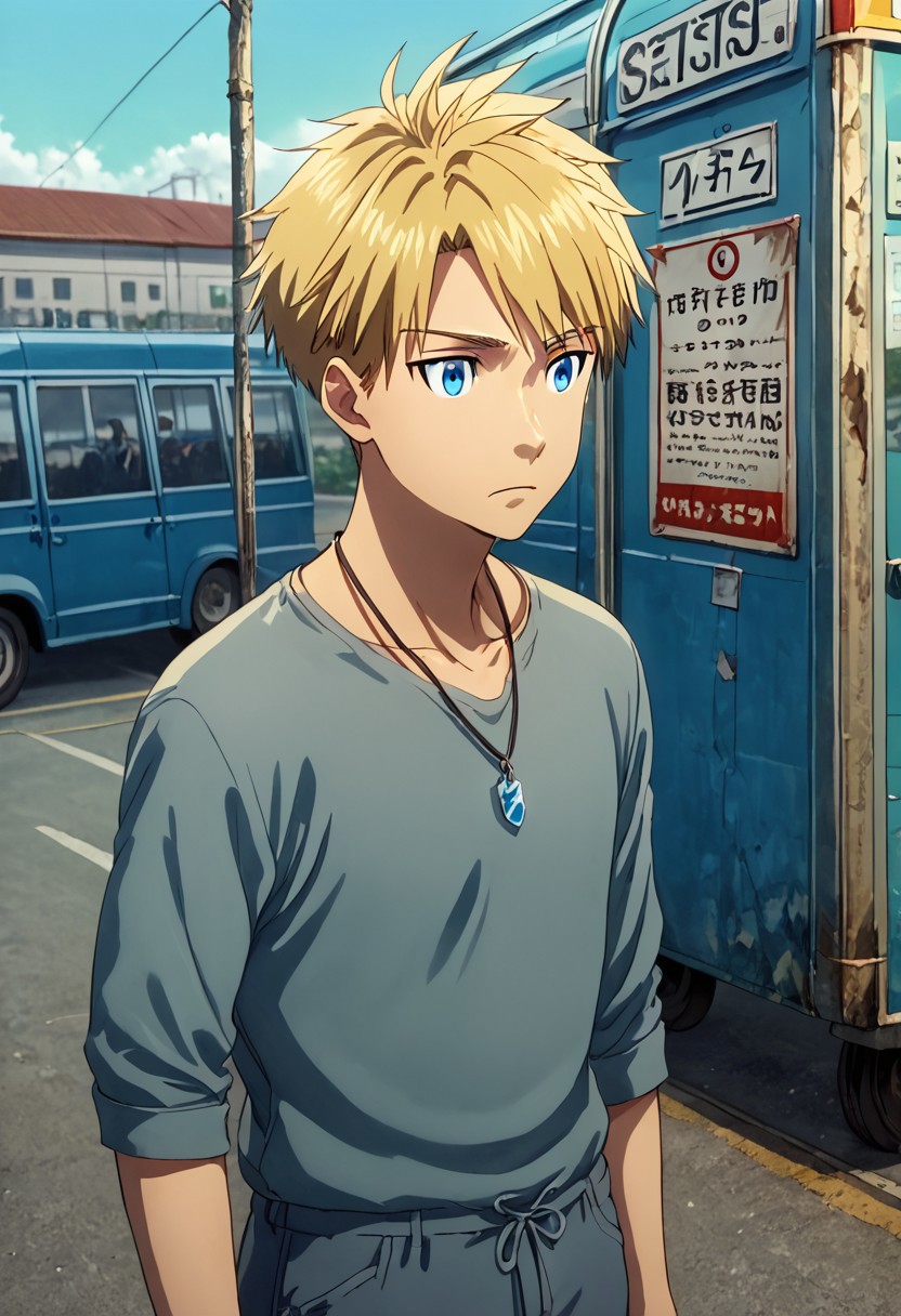 high resolution, solo, best quality, 1Boy, Yamato Ishida, Blonde Hair, Blue Eyes, Necklace, Standing at bus stop, waiting, relaxed, patient,