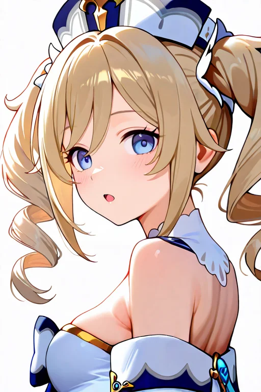 masterpiece, High quality, Ultra detailed, 2d, newest, absurdres, highres, BREAK
1girl, solo, <lora:barbara:0.8>, barbara_(genshin_impact), twintails, drills hair, blonde hair, white headwear, blue eyes,
medium breasts, barbaradef, detached collar, bare shoulders, bow, frilled dress, strapless dress, white dress, strapless, long sleeves, detached sleeves, from side, looking at viewer, open mouth, upper body,