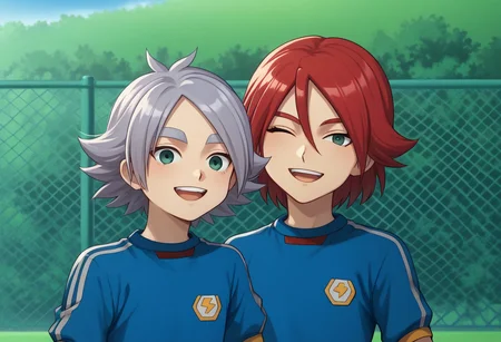 score_9, score_8_up, score_7_up, source_anime, highly detailed, 2boys,
fubuki, 1boy, male focus, grey hair, parted bangs, closed eyes, open mouth, smile BREAK
hiroto, 1boy, male focus, red hair, hair between eyes, green eyes, smile, teeth, BREAK
upper body, slender, skinny, posing for a photo, looking at viewer,
sportwear, soccer uniform, inazuma japan soccer uniform, shirt, light blue shirt, short sleeves, shorts, grey shorts, socks, blue socks,
outdoor,