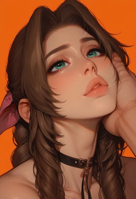 (score_9, score_8_up, score_7_up), 1girl, 18yo, Aerith Gainsborough, large braid, brown hair, skinny, slim, small breasts, full lips, morimee_style, cute face, artist:moriimee, 748cmstyle, cute face, choker, (bored eyes:0.9), scornful look, face, neck, portrait, close up, extreme closeup, orange background, facegrab, light-skinned male