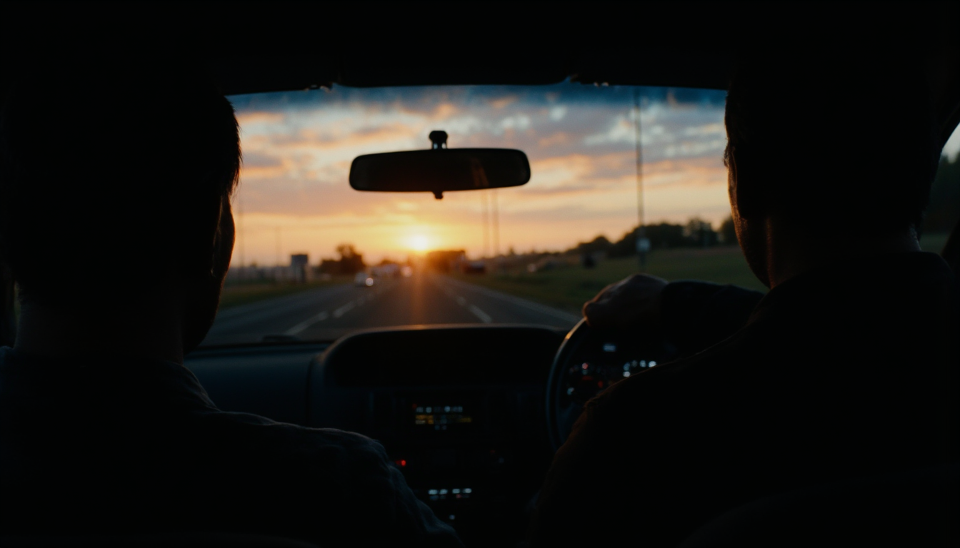 cinematic, A man is driving a car at dusk, his silhouette partially lit by the fading sunlight outside. The scene captures a peaceful, introspective mood with the dimly lit interior contrasting with the colorful horizon in the distance, film grain, Short telephoto focal length, shot on ALEXA 65
