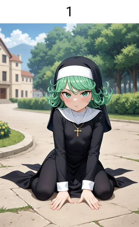 <lora:Hyper-SDXL-8steps-lora:1> <lora:Fixhands_anime_bdsqlsz_V1:1> zPDXL2, score_9, score_8_up, score_7_up, masterpiece, best quality, absurdres, high resolution, 8k, official art, official style, source_anime, anime screencap, anime coloring, megami magazine, (ai-generated:0.6), rating_safe, 
on one knee, hand on ground, elbow on knee, looking at viewer, outdoors, 
1girl, tatsumaki, (one-punch man:0.8), green hair, green eyes, nun, black bodysuit, black pants, full body <lora:LECO-milf_XL(pony)v10:1>