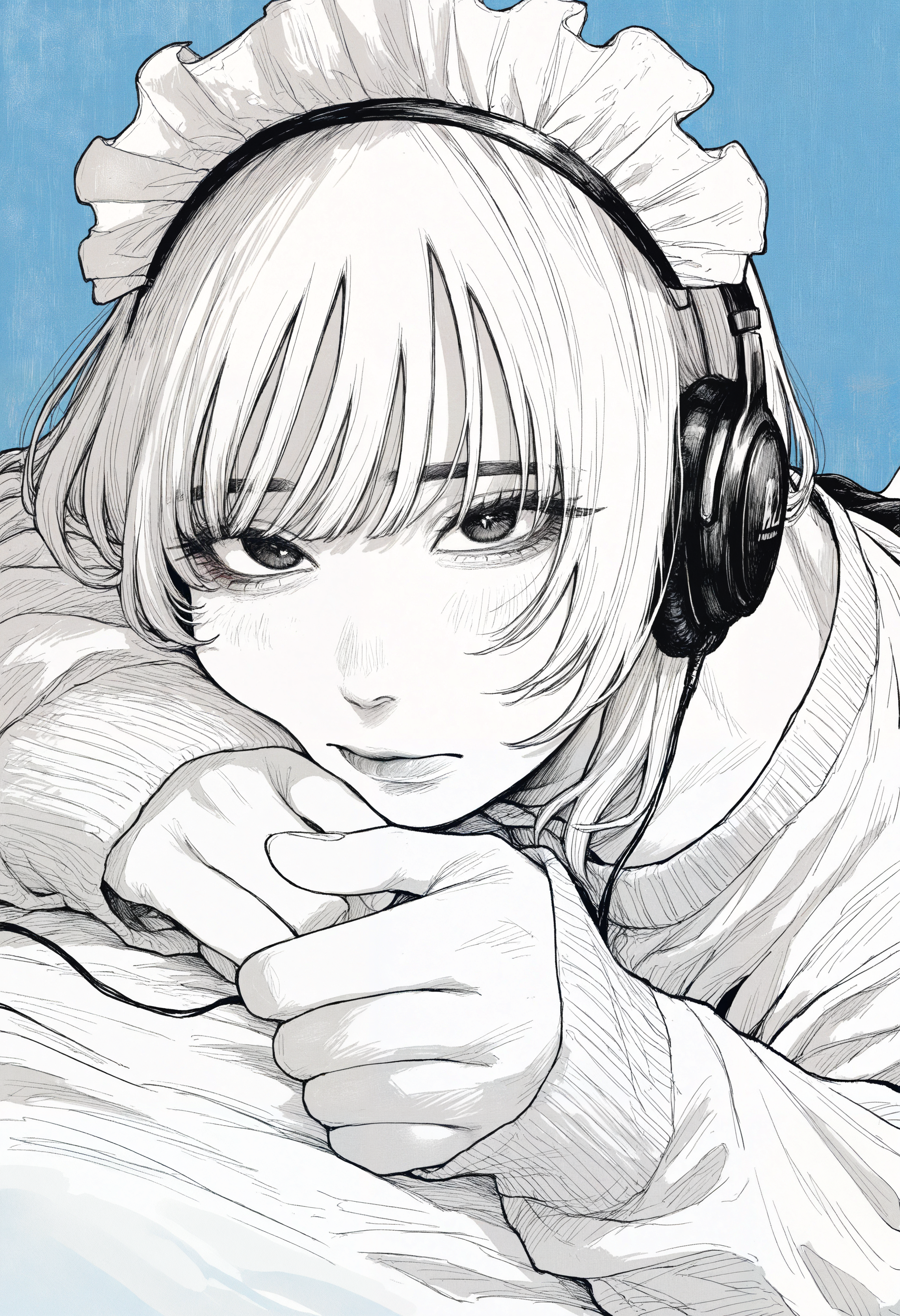 masterpiece, best quality, very aesthetic, absurdres, year 2024, year 2023,  monochrome, greyscale, hatching \(texture\), manga, blue background,  1girl, solo, white hair, long eyelashes, sweater, sleeves past wrists, maid headdress, lying, on stomach, headphones, arm pillow, looking at viewer, head tilt, dutch angle,   <lora:owk_bsh_yy>  <lora:ponyv4_noob1_2_adamW-000017:0.35>  <lora:hand 5.5:0.3>, perfect hands,