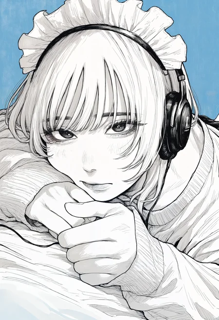 masterpiece, best quality, very aesthetic, absurdres, year 2024, year 2023, monochrome, greyscale, hatching \(texture\), manga, blue background, 1girl, solo, white hair, long eyelashes, sweater, sleeves past wrists, maid headdress, lying, on stomach, headphones, arm pillow, looking at viewer, head tilt, dutch angle, <lora:owk_bsh_yy> <lora:ponyv4_noob1_2_adamW-000017:0.35> <lora:hand 5.5:0.3>, perfect hands,