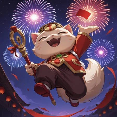 vibrant color, detailed, detailed background, no lineart, 
, <lora:teemo-v3-000014:1> (wrtfc), cat_boy, 1other, male focus, closed eyes,
,  (plump:0.5), chibi:0.5, (doppa_hat), (coin_ornament), chinese clothes, carnival, white tasuki rope, tangzhuang_shirt, brown baggy pants, red flats_shoes,
, fluffy tail, holding staff, arm up, outstretched_arms, falling papers, red paper
, night sky, fireworks, night, sky, star \(sky\), starry sky, open mouth, dynamic angle, dynamic pose, cinematic ambience, 
, from below, darkness, dark,