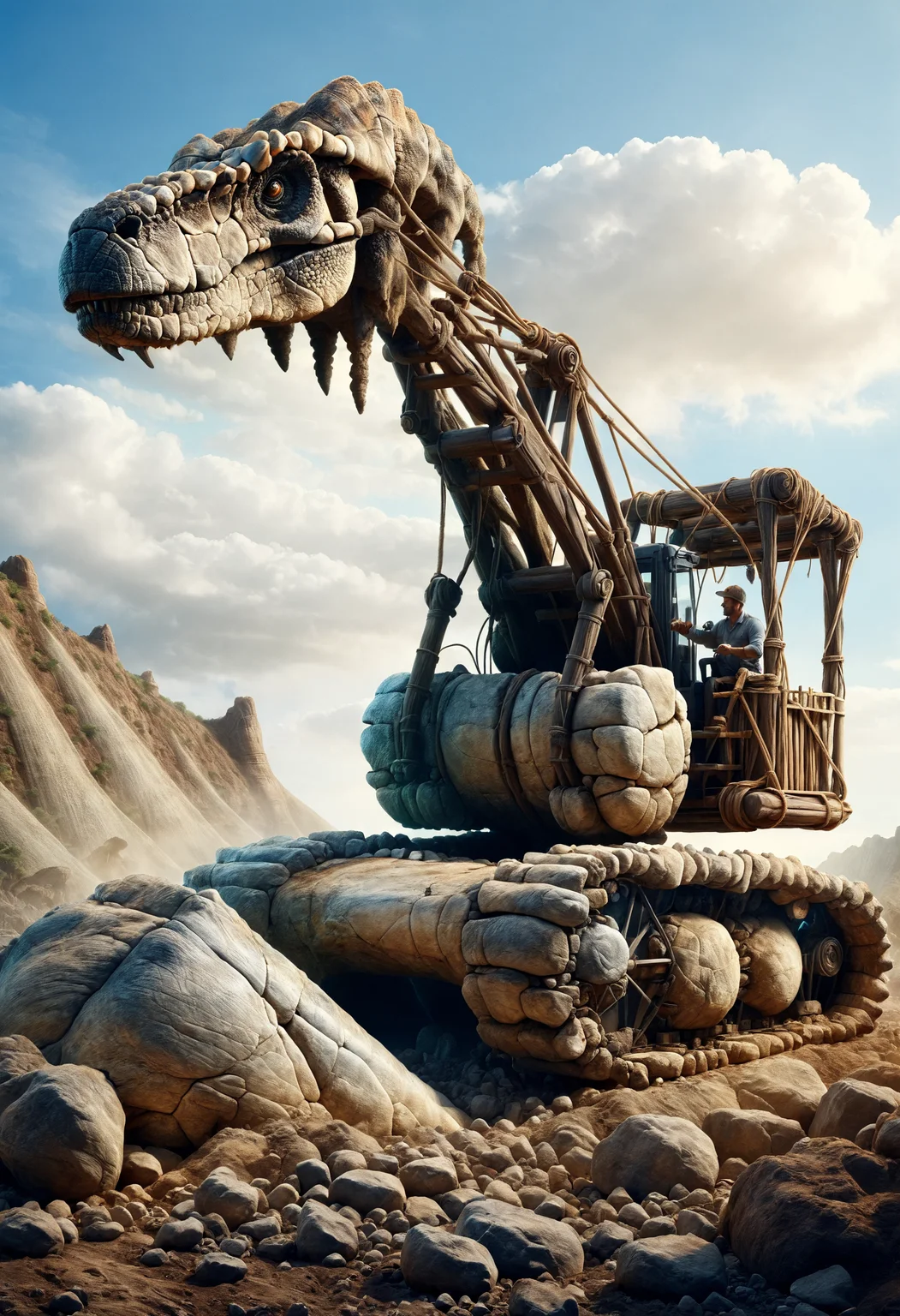 dvr-stnd, a man operating an excavator to unearth a giant dinosaur bone <lora:dvr-stnd:1>