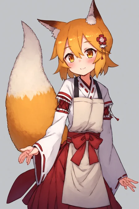 score_8_up, score_7_up, score_6_up, best quality, masterpiece, uncensored, source_anime, by aaaa \(quad-a\), simple background, white background, 
BREAK
sen, blonde hair, animal ears, fox ears, blush, animal ear fluff, hair ornament, fox girl, hair flower, hair between eyes, short hair, fox tail, tail, flat chest, yellow eyes, young girl, smile, standing, miko, apron, japanese clothes, ribbon mesh sleeves
BREAK
<lora:senko_ponyxl_v2:1>
