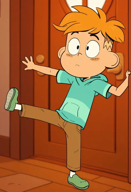 masterpiece, best quality, amazing quality, jack wylde, solo, 1boy, orange hair, two cowlicks, specks on cheeks, green hoodie with light green stripes, brown pants, white socks, green shoes, full body, bara, full body