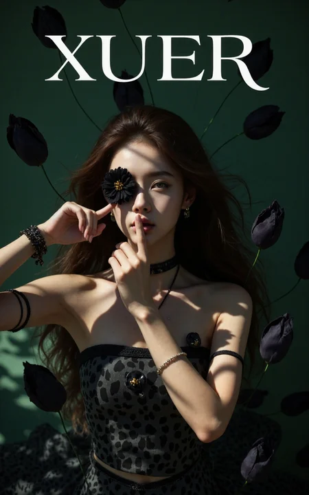 An Acrylic style painting that is expressive, gives it a dynamic and emotional quality. Anime art of a stylized portrait of a woman with a ethereal black and green mist surrounding her body. The mist creates a dramatic and surreal effect. A black flower, that is blooming, covering one eye, attached to the face. The woman has a cold aesthetic, complimented by her white hair. Anime art of woman draped in shadows with a lighting that enhances her unique features.
The background is dark green, filled with black rose petals.
Holding finger to lips, shush, shushing motion,

XUER INS style,1girl,solo,looking at viewer,extremely beautiful skin,natural skin texture,big breasts,earrings,
The woman has long, wavy, dark brown hair cascading down her back. Her skin tone is light, and she appears to be of Caucasian ethnicity.
She accessorizes with a black choker necklace and multiple bracelets on her wrists. with a focus on fashion and style.

highly detailed,ultra-high resolution,32K UHD,sharp focus,best-quality,masterpiece,unconventional supreme masterpiece,masterful details,depth of field,blurry background,blurry foreground,motion blur,going really fast masterpiece,deep focus,
color  graded cinematic,atmospheric  lighting,award  film grain,A shot with tension,(Visual impact,giving the poster a dynamic and visually striking appearance:1.2),impactful picture,
ultra-realistic,high dynamic range,photoreal,epic realistic,dark shot,shadows,(This is a real high-definition photo:1.1),with professional photography and high resolution，
contrast,layered colors,vivid colors,contrast,offcial art,movie perspective,very aesthetic,disheveled hair,perfect composition,intricate details,moody,epic,photorealistic,
intricate details,soothing tones,high contrast,natural skin texture,soft light,sharp,masterpiece,best quality,(ray tracing),sunlight,insanely interplay between lights and shadows,
cinematic photo This is a poster about the One cyan ten color，It has a realistic picture effect，The picture is messy and extremely rich in details，(The theme text of the poster is: "XUER":1.2)，One line apart,(the subtitle below reads: "One cyan ten color":1.2),
