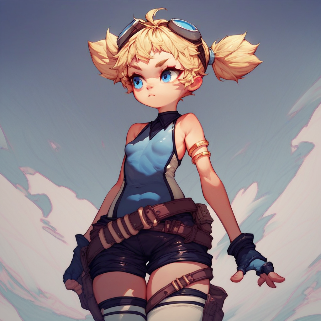 score_9, score_8_up, score_7_up, Pengy, blue eyes, blonde, small breast, short twintails, goggles on head, blue bodysuit, sleeveless, armlet, belt, black shorts, white thighhighs, fingerless gloves