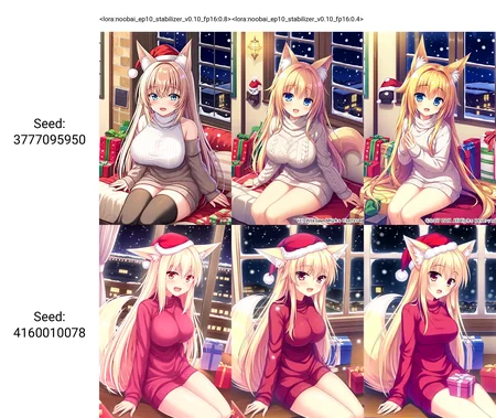 <lora:noobai_ep10_stabilizer_v0.10_fp16:0.8>1girl,fox ears,open mouth,smile,santa hat,sweater,sitting,looking at viewer,gift,indoors,night,snow,town,window,