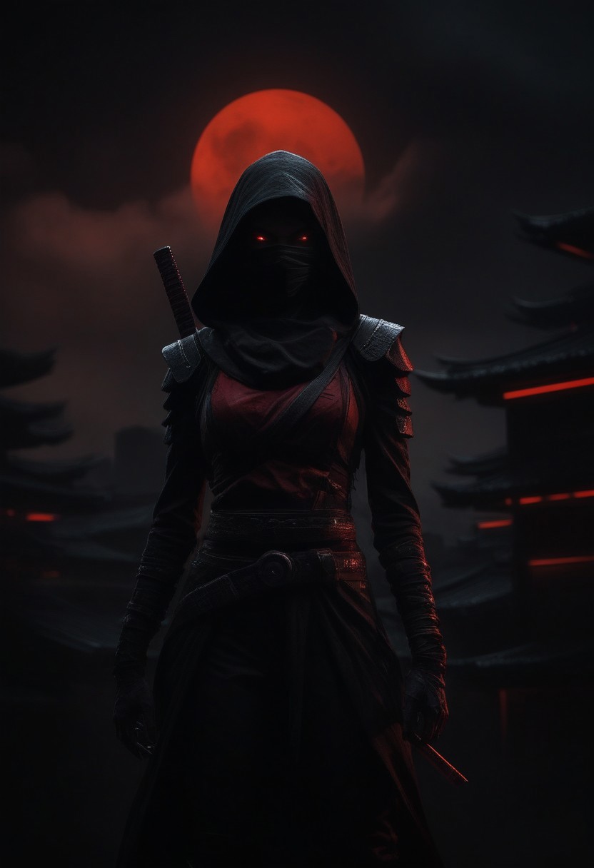 a female assassin ninja in red and black ninja outfit, at night, black and red buildings , dark foggy sky, cyberpunk, fluorescent light, dynamic color palettes, red sky, red clouds, red moon, ominous weather, raining, anime inspired, hybrid art, (hyperrealism:0. 5)