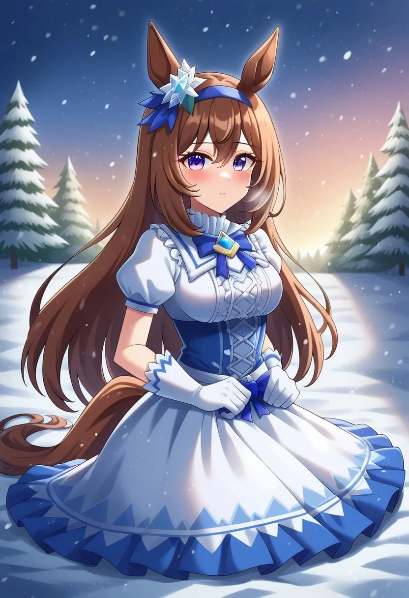 ( admire vega \(umamusume\),fr0stwrld, snow, ice,umamusume , 1girl ), white dress,
admire_vega_(glacialis_vega)_(umamusume) , snow white , 
commentary_request , highres , 
1girl , alternate_hairstyle , animal_ears , blush , breasts , brown_hair , dress , gloves , hair_between_eyes , hair_ornament , hairband , horse_ears , horse_girl , horse_tail , long_hair , looking_at_viewer ,  official_alternate_costume , purple_eyes , solo , tail , , with ice man,