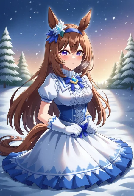 ( admire vega \(umamusume\),fr0stwrld, snow, ice,umamusume , 1girl ), white dress,
admire_vega_(glacialis_vega)_(umamusume) , snow white , 
commentary_request , highres , 
1girl , alternate_hairstyle , animal_ears , blush , breasts , brown_hair , dress , gloves , hair_between_eyes , hair_ornament , hairband , horse_ears , horse_girl , horse_tail , long_hair , looking_at_viewer ,  official_alternate_costume , purple_eyes , solo , tail , , with ice man,