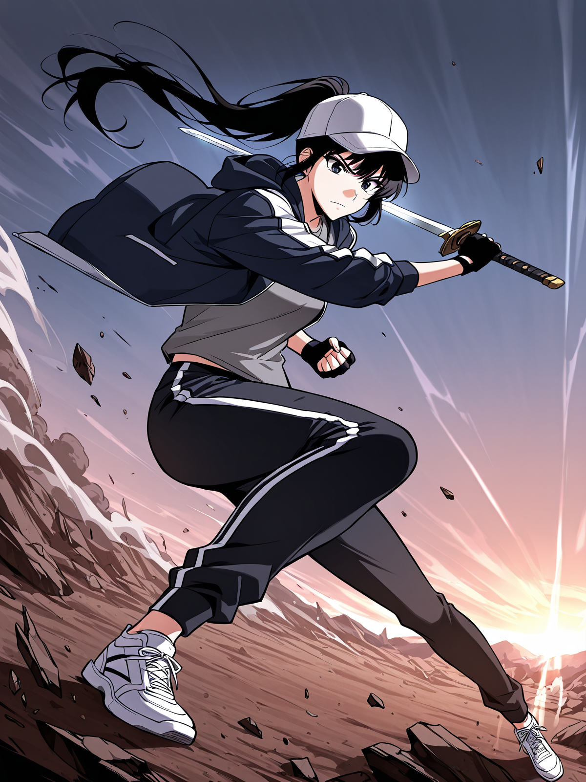 <lora:Omniscient_Readers_Viewpoint__Lee_Jihye:1>
1girl, solo, long hair, black hair, tied hair, high ponytail, black eyes, messy bangs, 
white baseball cap, white and navy jacket, gray t-shirt, black track pants, white stripe pants, black fingerless gloves, white sneakers, sporty outfit,
score_9, score_8_up, score_7_up, very aesthetic, source_anime, detailed, high quality, beautiful, detailed eyes, masterpiece, best quality, absurdres, perfect anatomy, standing, holding sword, battle stance, dynamic pose, fierce expression, dramatic lighting, flowing hair, detailed outfit, fantasy setting, action scene, wind effect, cinematic angle, on a battlefield, broken weapons, smoke, debris, dramatic sky